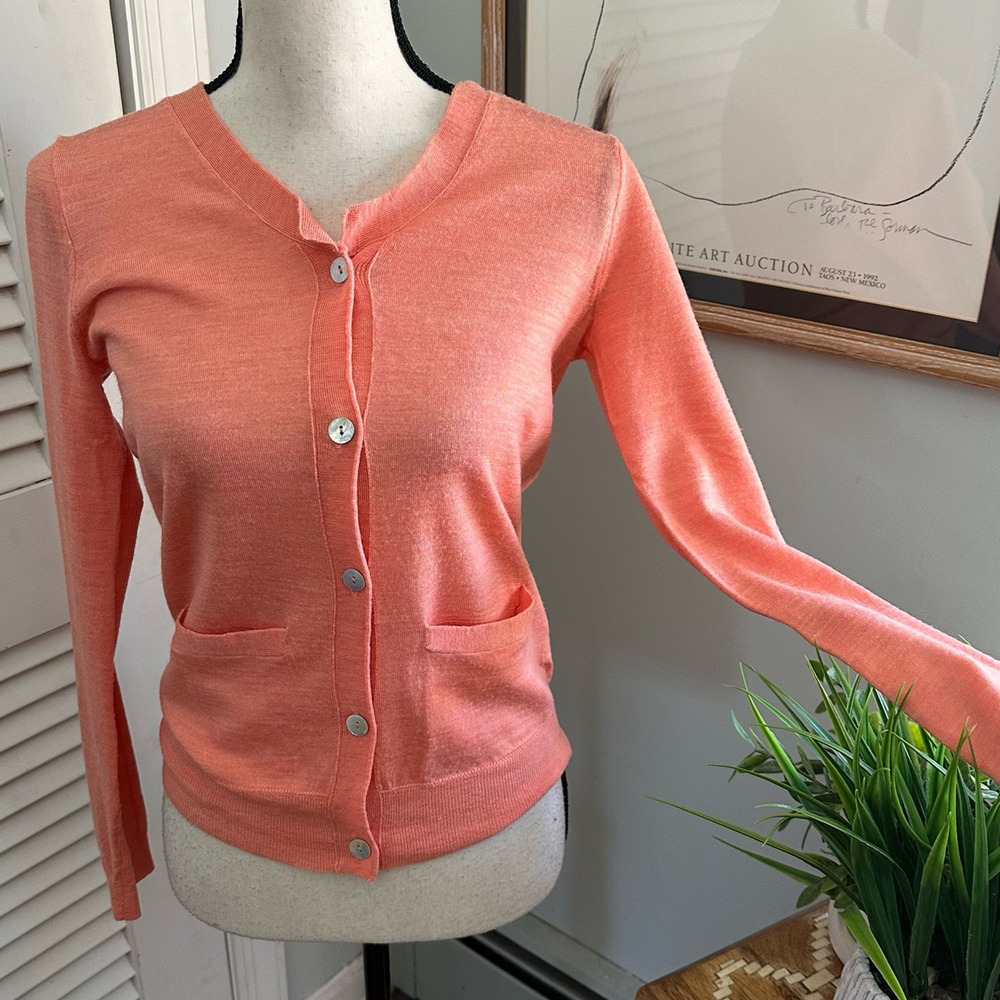 Wallace Sweater Womens Small Coral Pink Merino Wool Cardigan Preppy Minimalist
